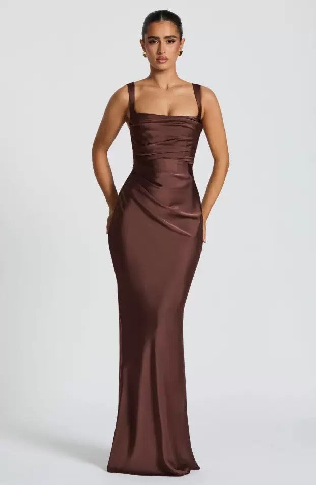 Women's Satin Square-Neck Maxi Dress with Ruching and Corset Back - Maisie London