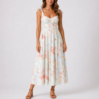 Women's Floral A-Line Midi Dress with Tie Shoulders and Ruched Bodice - Maisie London