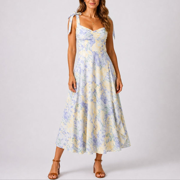 Women's Floral A-Line Midi Dress with Tie Shoulders and Ruched Bodice - Maisie London