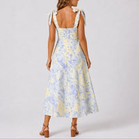 Women's Floral A-Line Midi Dress with Tie Shoulders and Ruched Bodice - Maisie London