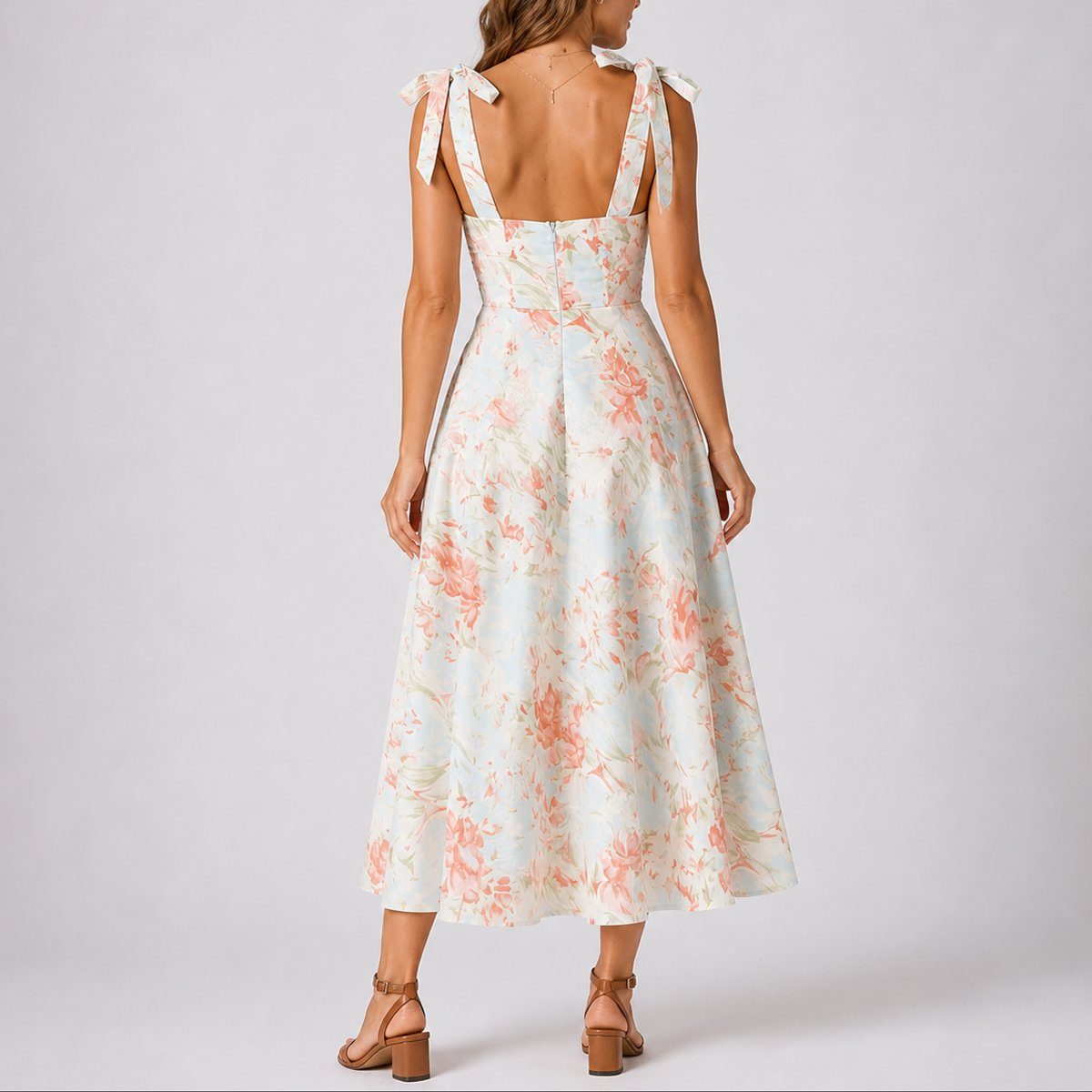 Women's Floral A-Line Midi Dress with Tie Shoulders and Ruched Bodice - Maisie London