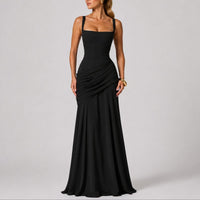 Women's Ruched Maxi Dress with Square Neck and Cross-Back Straps - Maisie London