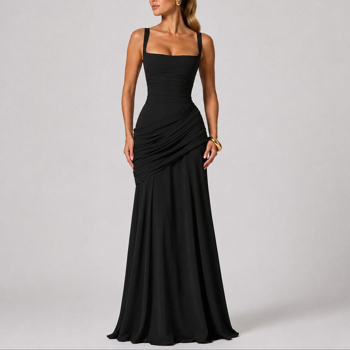 Women's Ruched Maxi Dress with Square Neck and Cross-Back Straps - Maisie London