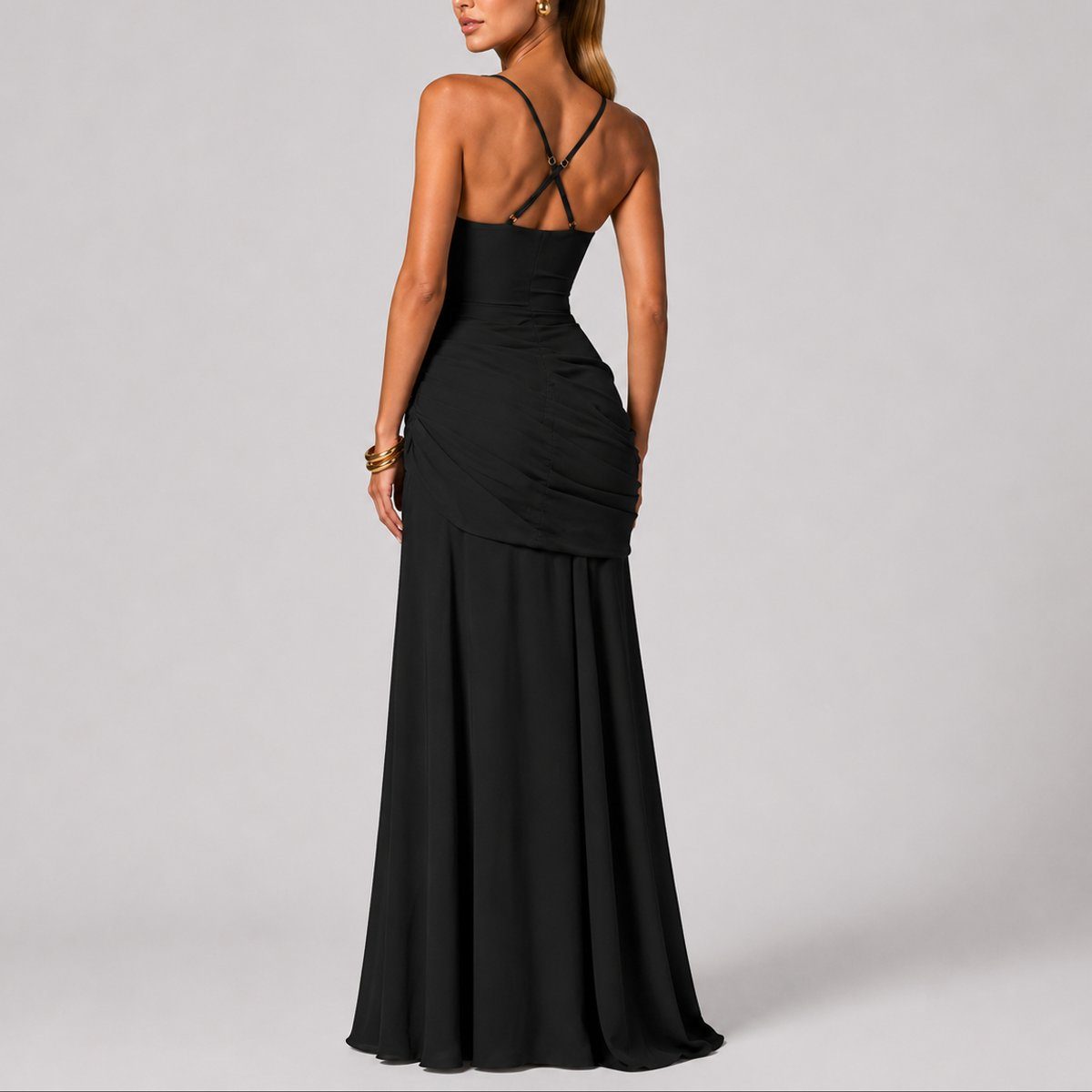 Women's Ruched Maxi Dress with Square Neck and Cross-Back Straps - Maisie London