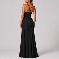 Women's Ruched Maxi Dress with Square Neck and Cross-Back Straps - Maisie London