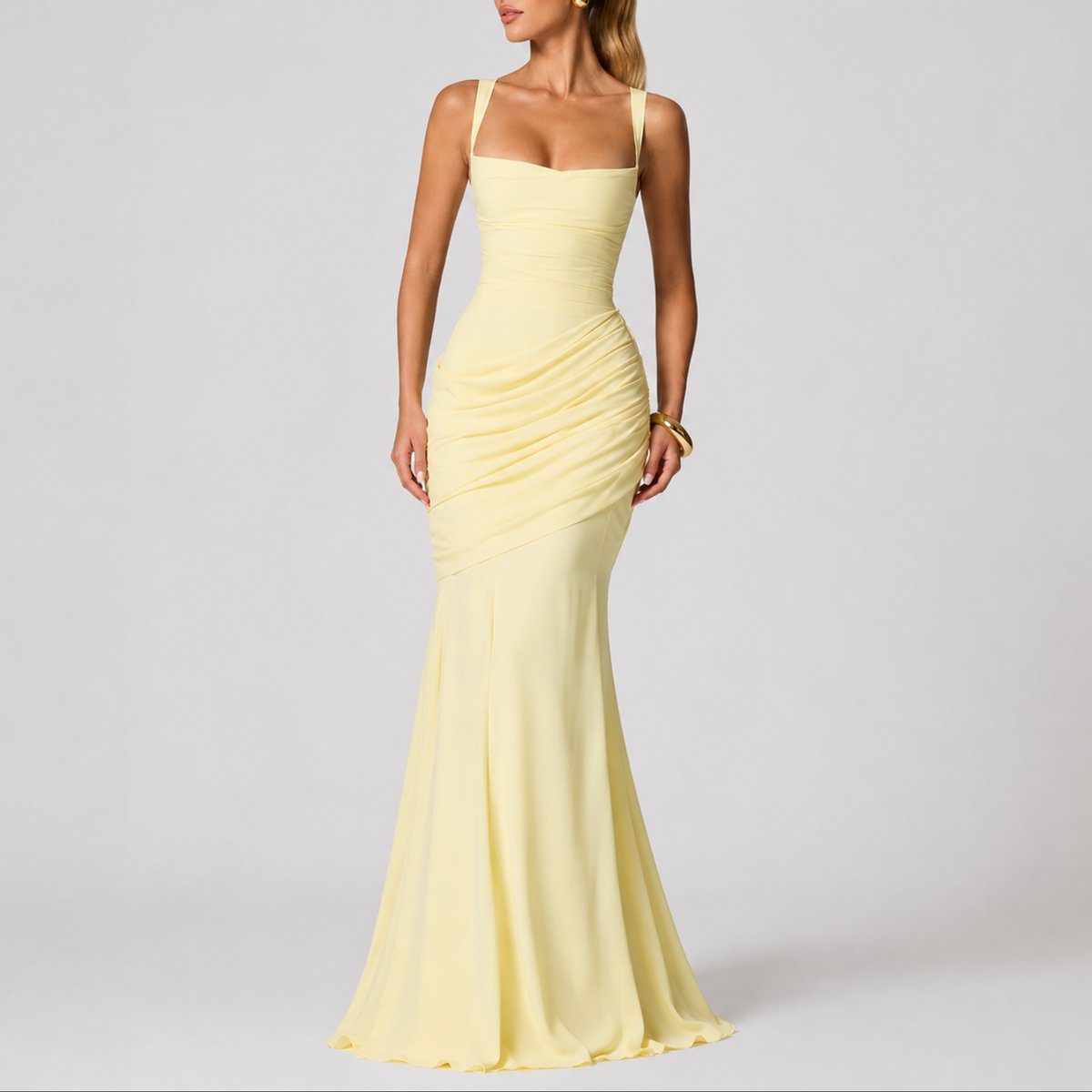 Women's Ruched Maxi Dress with Square Neck and Cross-Back Straps - Maisie London