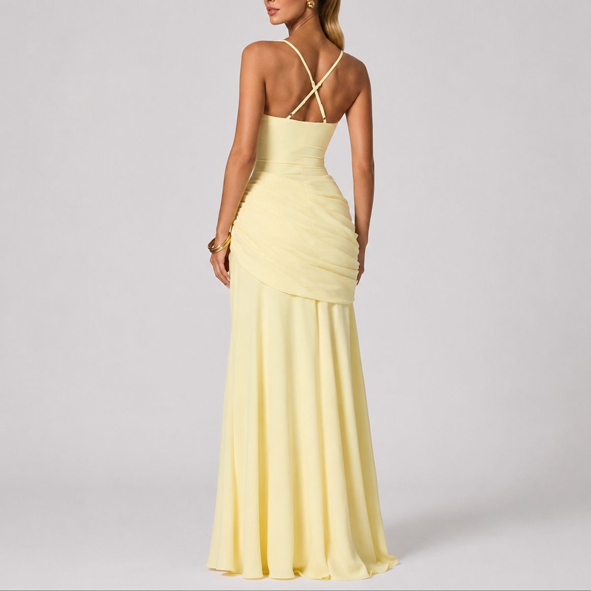 Women's Ruched Maxi Dress with Square Neck and Cross-Back Straps - Maisie London