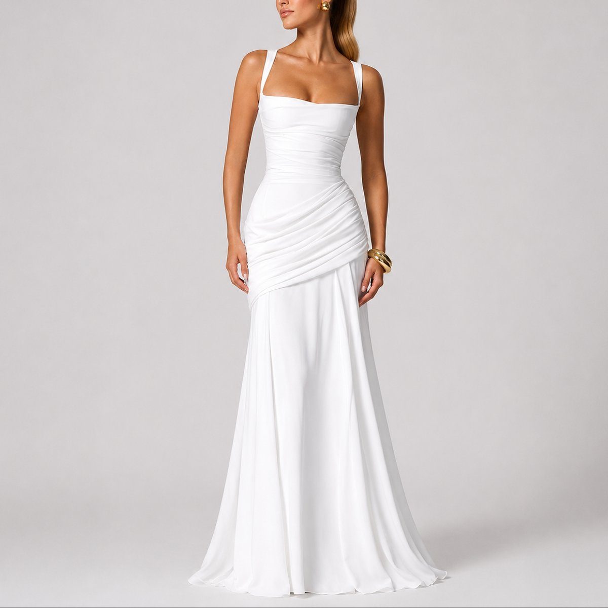 Women's Ruched Maxi Dress with Square Neck and Cross-Back Straps - Maisie London