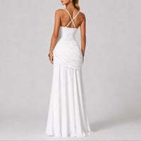Women's Ruched Maxi Dress with Square Neck and Cross-Back Straps - Maisie London