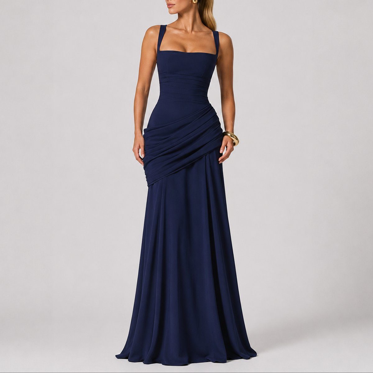 Women's Ruched Maxi Dress with Square Neck and Cross-Back Straps - Maisie London
