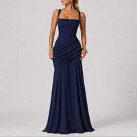 Women's Ruched Maxi Dress with Square Neck and Cross-Back Straps - Maisie London