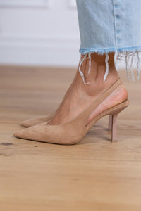 Women's Beige Faux Suede Slingback Heels with Pointed-Toe - Maisie London