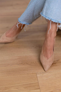 Women's Beige Faux Suede Slingback Heels with Pointed-Toe - Maisie London
