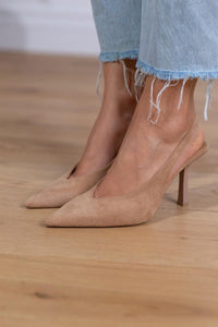Women's Beige Faux Suede Slingback Heels with Pointed-Toe - Maisie London
