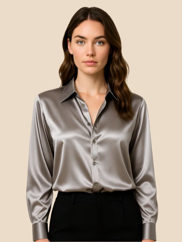 Women's Satin Button-Down Shirt with Pointed Collar and Long Cuffs - Maisie London