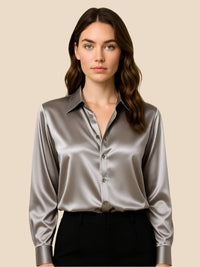 Women's Satin Button-Down Shirt with Pointed Collar and Long Cuffs - Maisie London