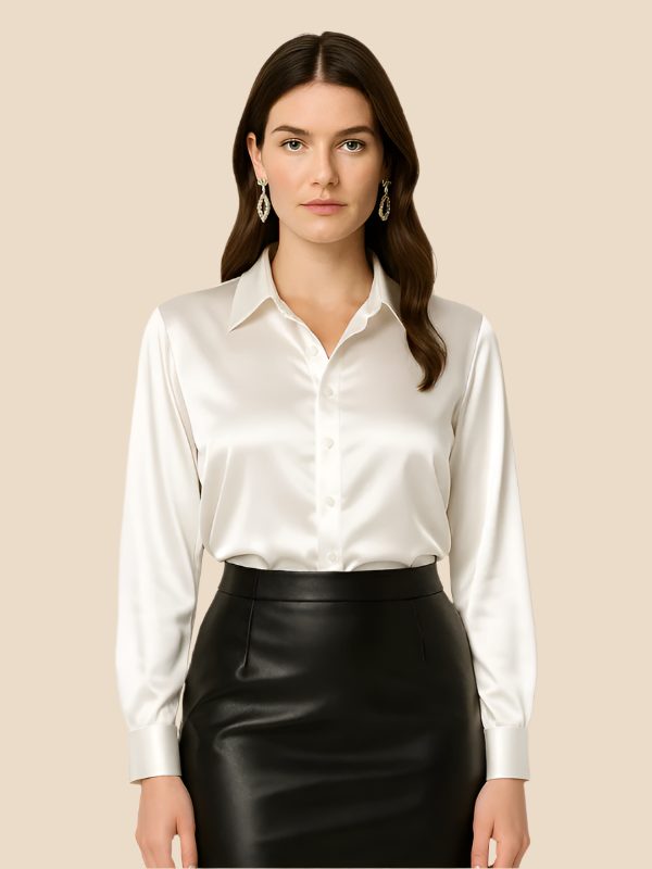 Women's Satin Button-Down Shirt with Pointed Collar and Long Cuffs - Maisie London
