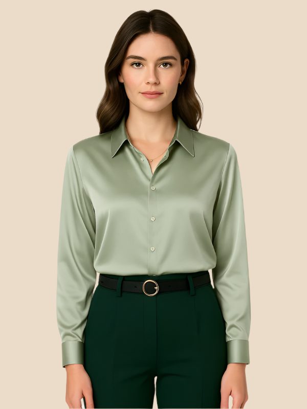 Women's Satin Button-Down Shirt with Pointed Collar and Long Cuffs - Maisie London