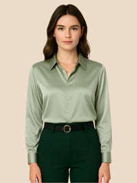 Women's Satin Button-Down Shirt with Pointed Collar and Long Cuffs - Maisie London