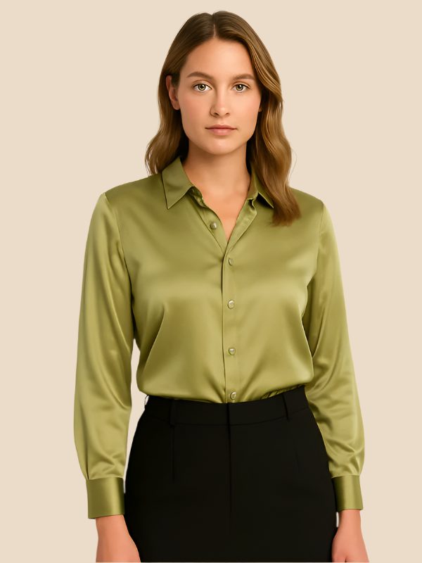 Women's Satin Button-Down Shirt with Pointed Collar and Long Cuffs - Maisie London