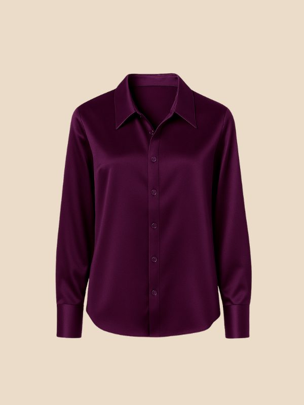 Women's Satin Button-Down Shirt with Pointed Collar and Long Cuffs - Maisie London