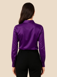 Women's Satin Button-Down Shirt with Pointed Collar and Long Cuffs - Maisie London