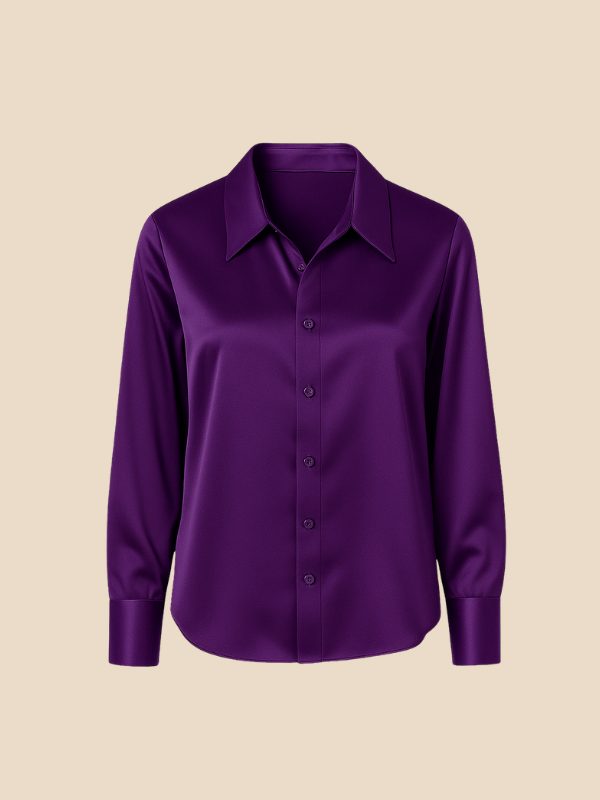 Women's Satin Button-Down Shirt with Pointed Collar and Long Cuffs - Maisie London
