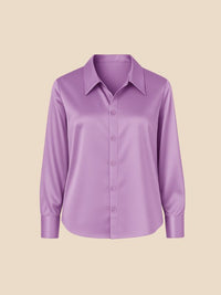 Women's Satin Button-Down Shirt with Pointed Collar and Long Cuffs - Maisie London