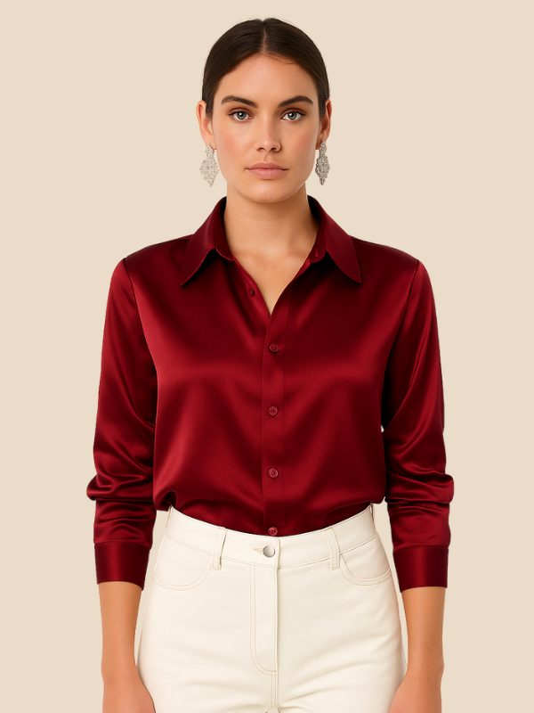 Women's Satin Button-Down Shirt with Pointed Collar and Long Cuffs - Maisie London