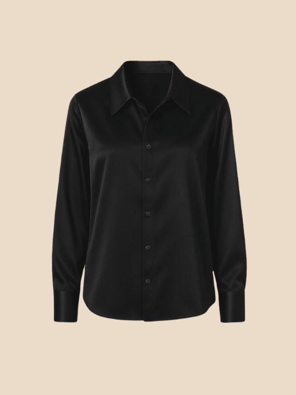 Women's Satin Button-Down Shirt with Pointed Collar and Long Cuffs - Maisie London