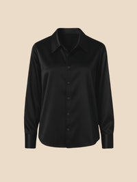 Women's Satin Button-Down Shirt with Pointed Collar and Long Cuffs - Maisie London