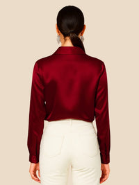 Women's Satin Button-Down Shirt with Pointed Collar and Long Cuffs - Maisie London
