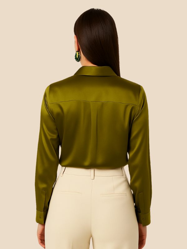 Women's Satin Button-Down Shirt with Pointed Collar and Long Cuffs - Maisie London