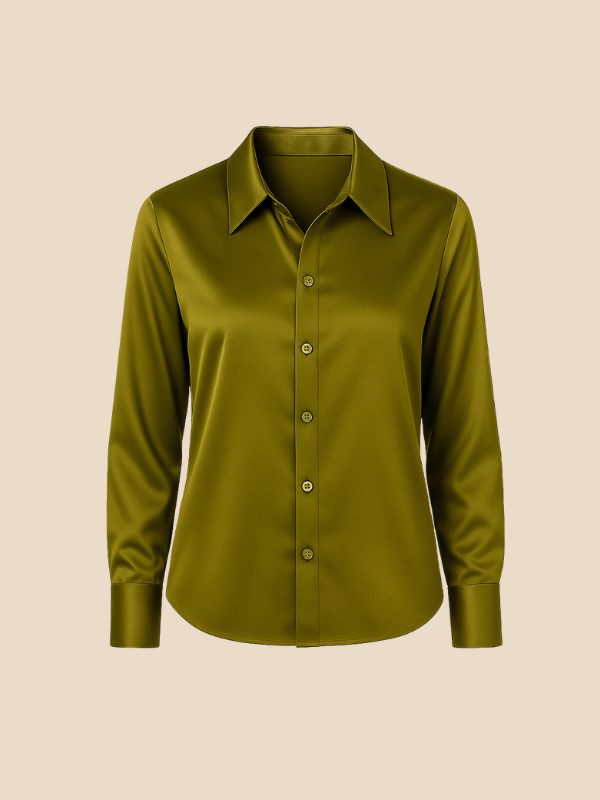 Women's Satin Button-Down Shirt with Pointed Collar and Long Cuffs - Maisie London
