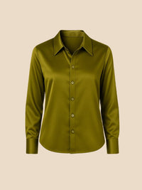 Women's Satin Button-Down Shirt with Pointed Collar and Long Cuffs - Maisie London
