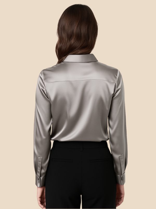 Women's Satin Button-Down Shirt with Pointed Collar and Long Cuffs - Maisie London