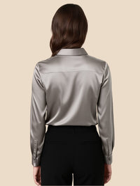 Women's Satin Button-Down Shirt with Pointed Collar and Long Cuffs - Maisie London