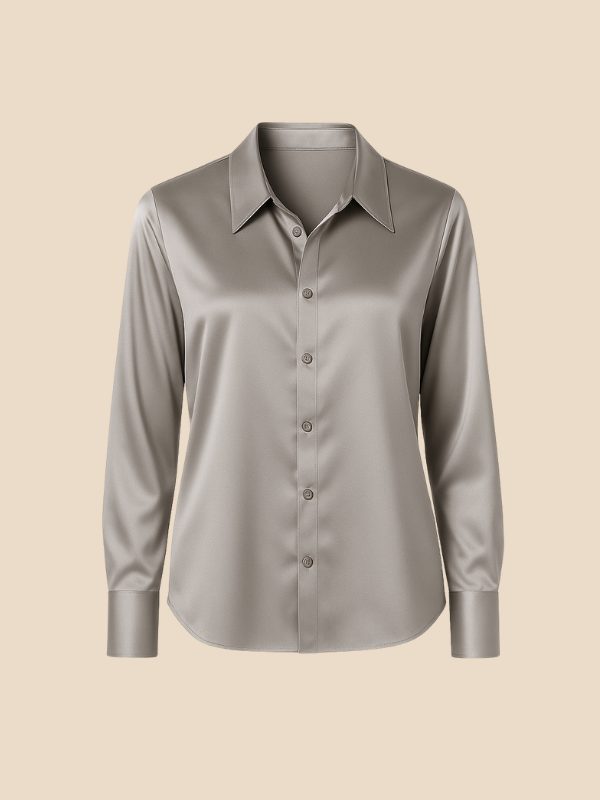 Women's Satin Button-Down Shirt with Pointed Collar and Long Cuffs - Maisie London