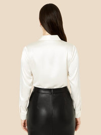 Women's Satin Button-Down Shirt with Pointed Collar and Long Cuffs - Maisie London