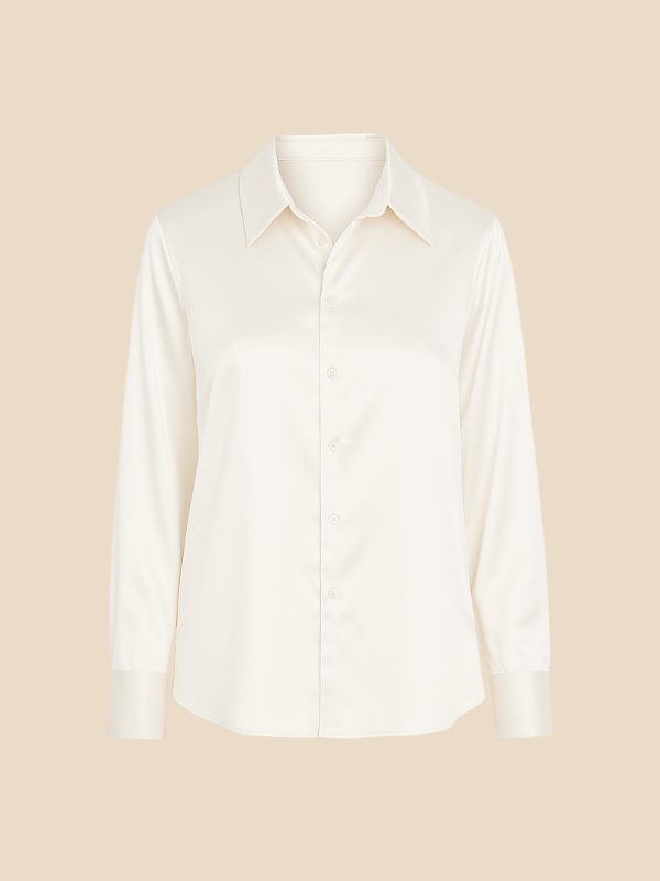 Women's Satin Button-Down Shirt with Pointed Collar and Long Cuffs - Maisie London