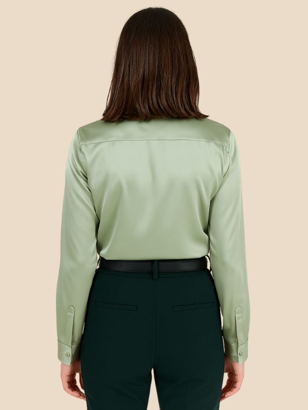 Women's Satin Button-Down Shirt with Pointed Collar and Long Cuffs - Maisie London