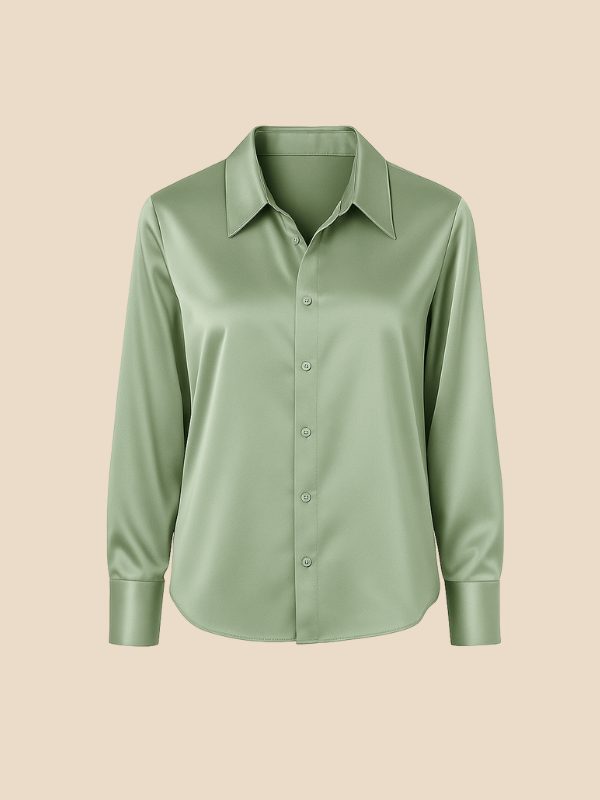 Women's Satin Button-Down Shirt with Pointed Collar and Long Cuffs - Maisie London