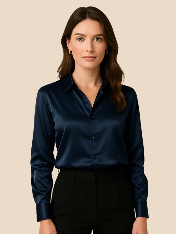 Women's Satin Button-Down Shirt with Pointed Collar and Long Cuffs - Maisie London