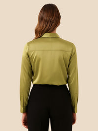 Women's Satin Button-Down Shirt with Pointed Collar and Long Cuffs - Maisie London