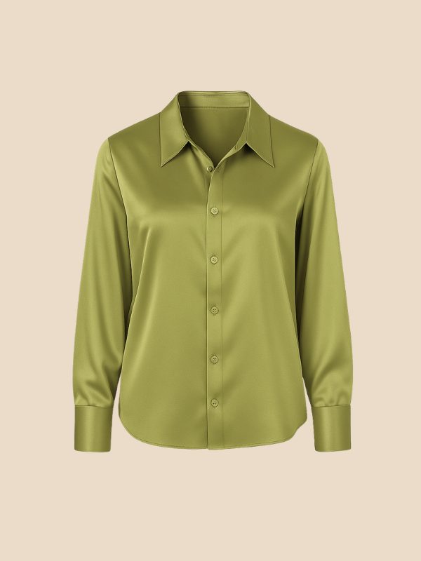 Women's Satin Button-Down Shirt with Pointed Collar and Long Cuffs - Maisie London