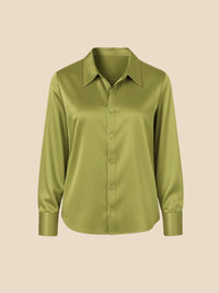Women's Satin Button-Down Shirt with Pointed Collar and Long Cuffs - Maisie London