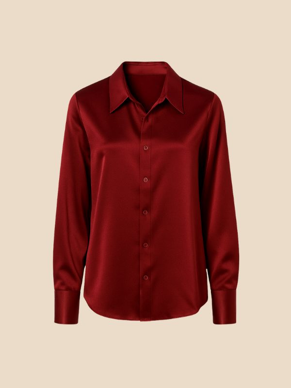 Women's Satin Button-Down Shirt with Pointed Collar and Long Cuffs - Maisie London