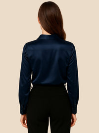 Women's Satin Button-Down Shirt with Pointed Collar and Long Cuffs - Maisie London