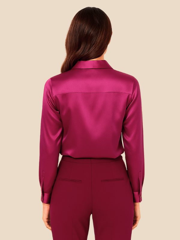 Women's Satin Button-Down Shirt with Pointed Collar and Long Cuffs - Maisie London