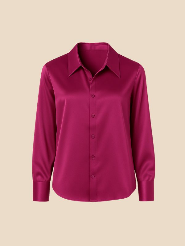 Women's Satin Button-Down Shirt with Pointed Collar and Long Cuffs - Maisie London